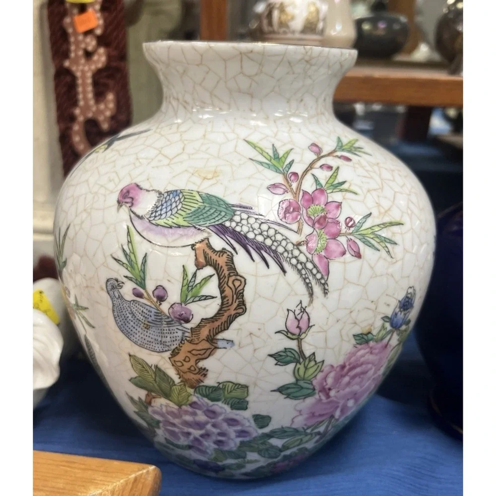 Ginger Jar Vase Floral Pheasant Design Crackled Glaze Porcelain 8.5